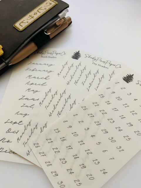 Initial Date Cursive Month, Day & Date Headers - Script Font – shadypinespaperco